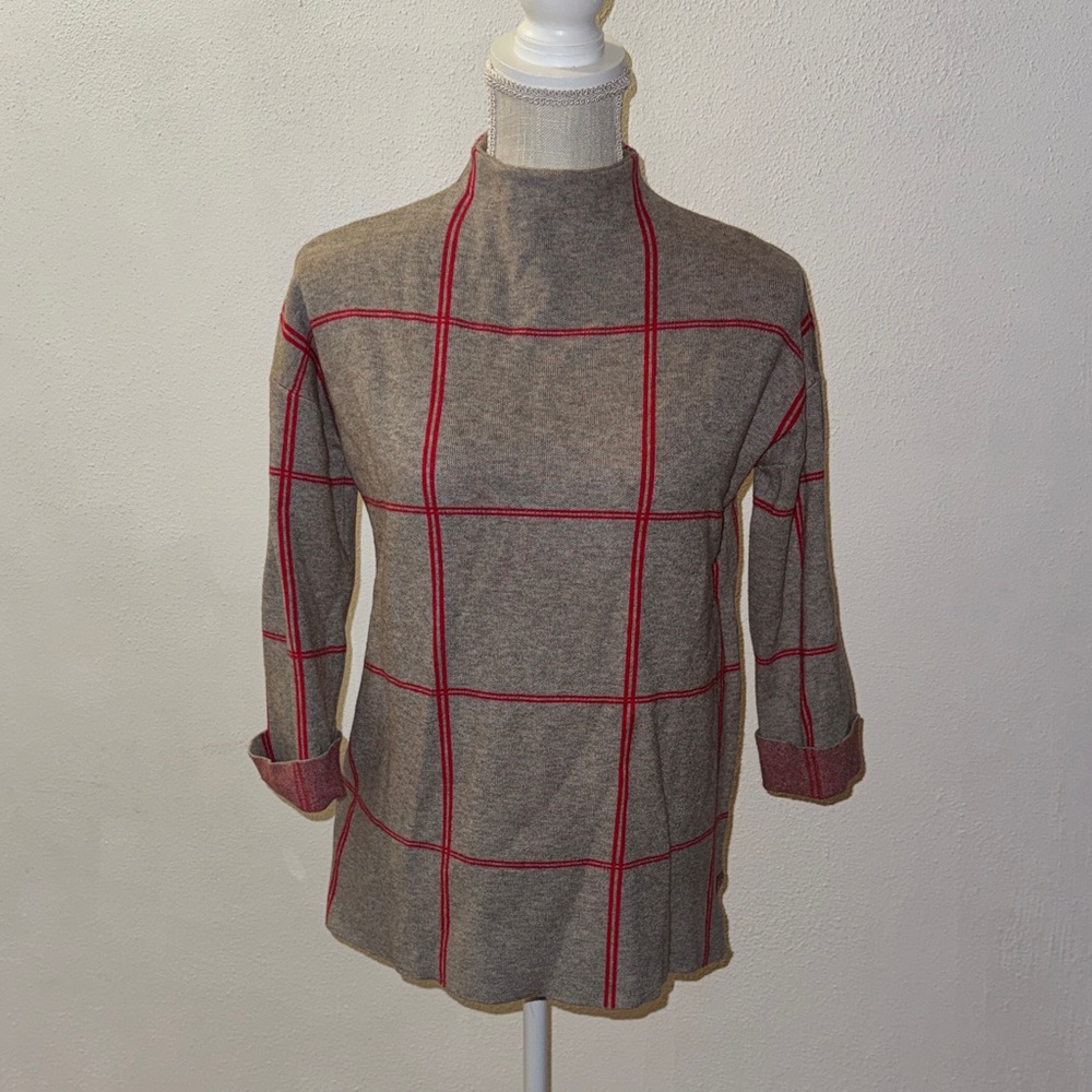 Tahari Windowpane Sweater with Red Trim